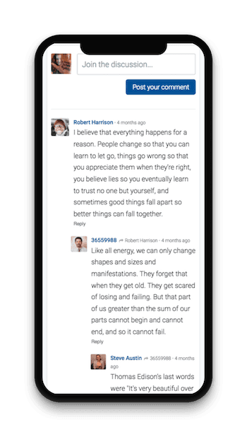 React comments is responsive and slick on mobile devices, as shown here on an iPhone X.