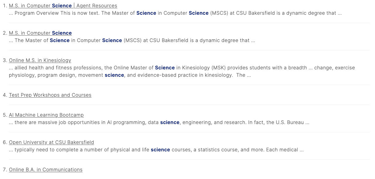 Search results with highlighted excerpts