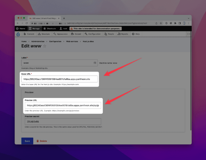 Update the Base URL and the Preview URL