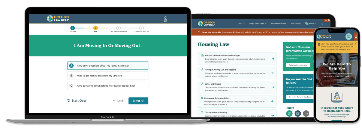 Grouping of devices--laptop, table and mobile--displaying Oregon Law Help website.
