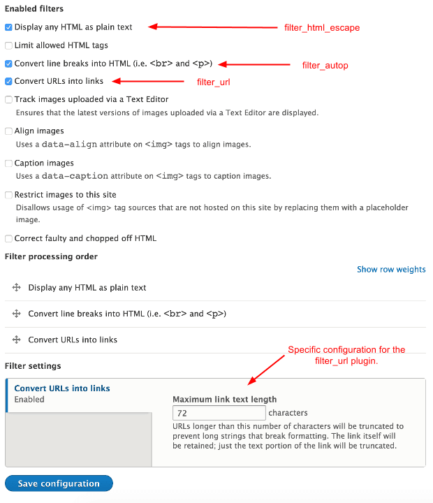 Configuring the 'Plain text' filter format