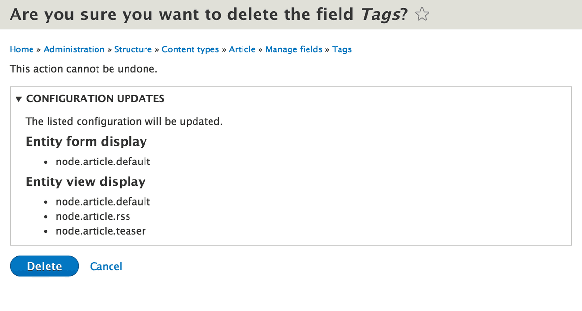 Deleting a field in Drupal 8 displays configuration that will be updated