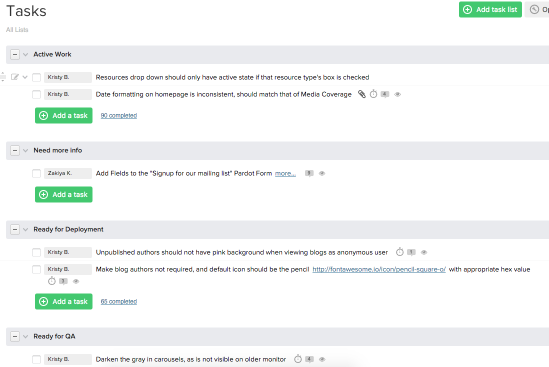 A typical view into one of our project's task lists.