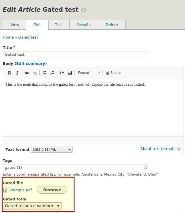 creating a node of type article with the gated resource and the form referenced