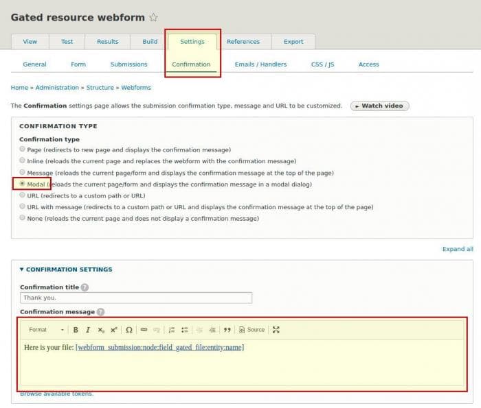 image displaying the settings for the webform