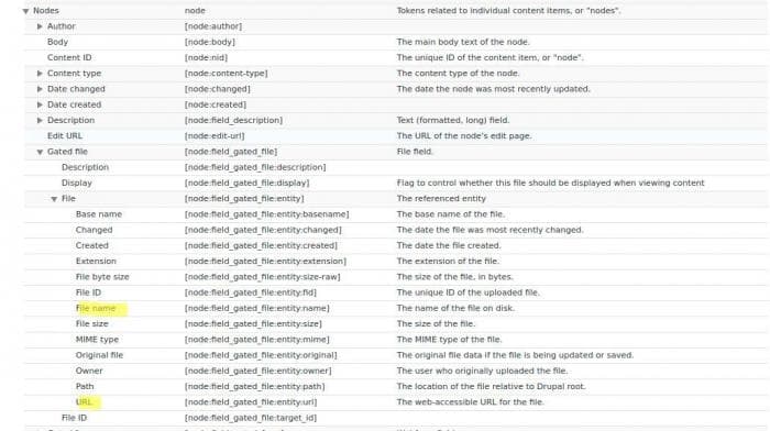 example of token values available per field inside node