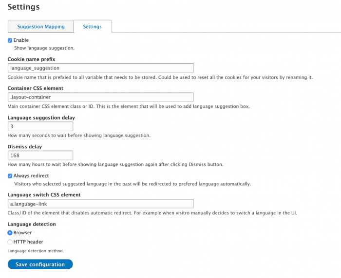 Language Suggestion Drupal 8 settings page