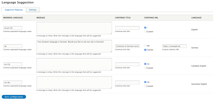 Language Suggestion Drupal 8 mapping page