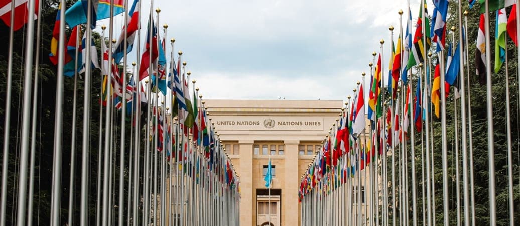 United Nation flags lined courtyard