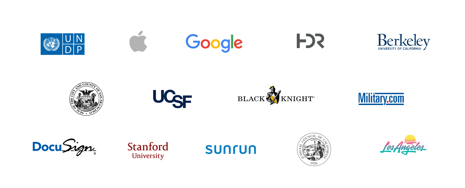 3 rows of client logos. United Nations, Apple, Google, HDR Inc., University of Berkeley, City of San Francisco, UCSF