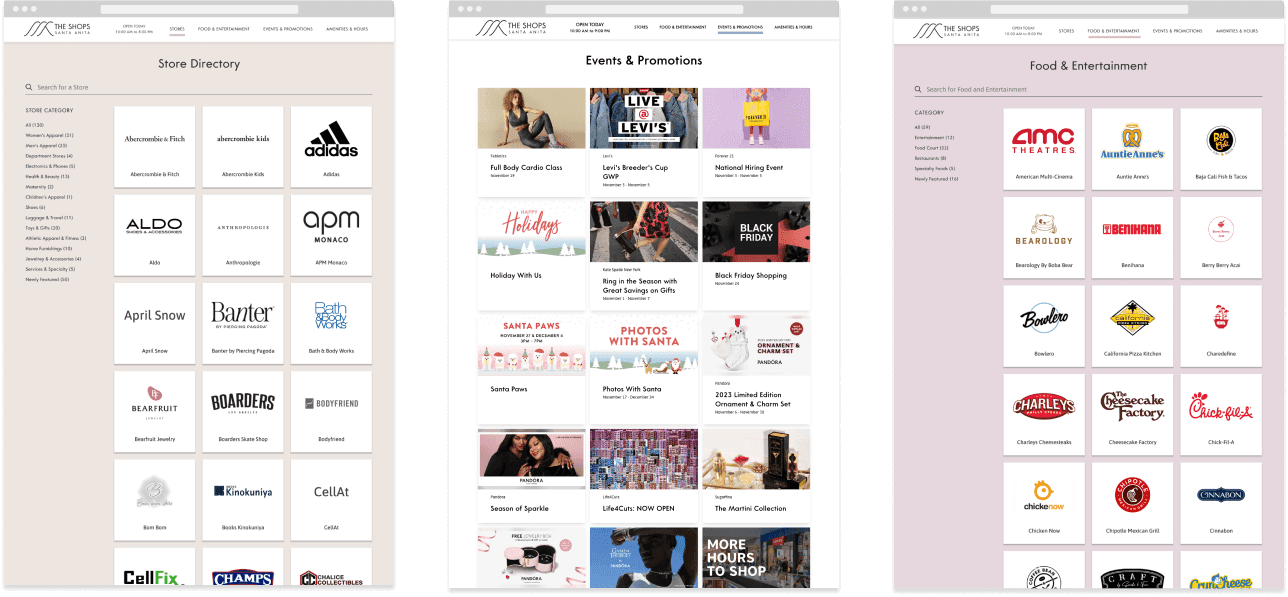 desktop layout for store directory, the food court, and events and promotions
