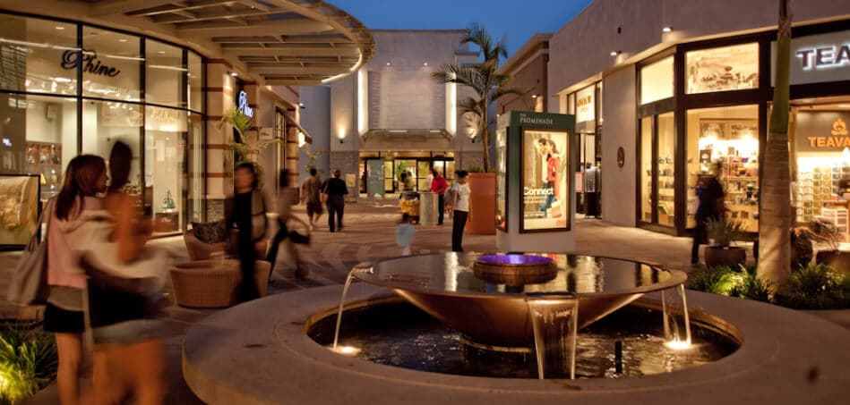 outdoor mail plaza at dusk