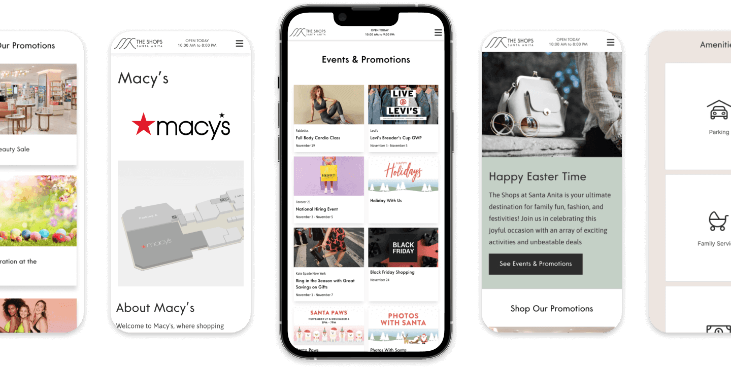 mobile displays of event landing, amenities, and store pages. 