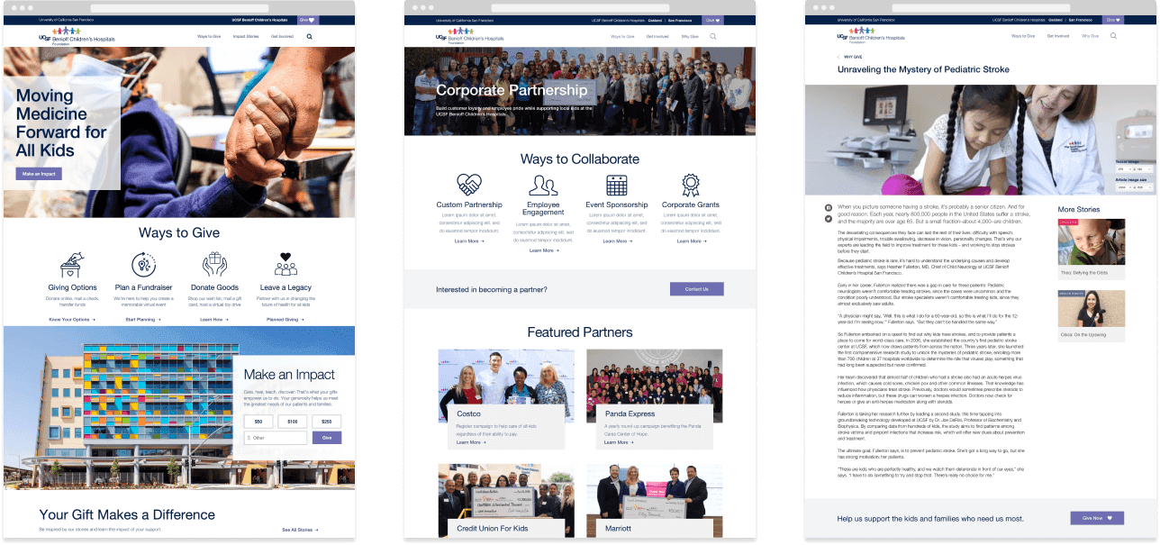 Desktop design comps for homepage, corporate giving and patient stories.