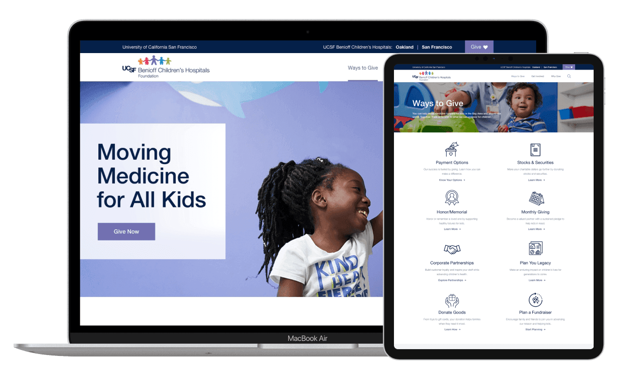 Laptop and tablet with homepage and giving page comps