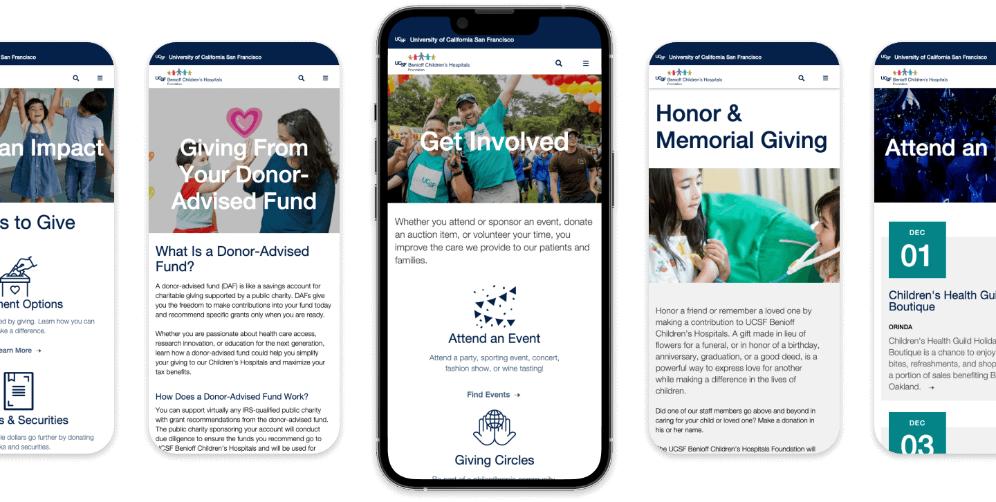 Moble device of UCSF Benioff Children's Hospitals Foundation website with five in a row.