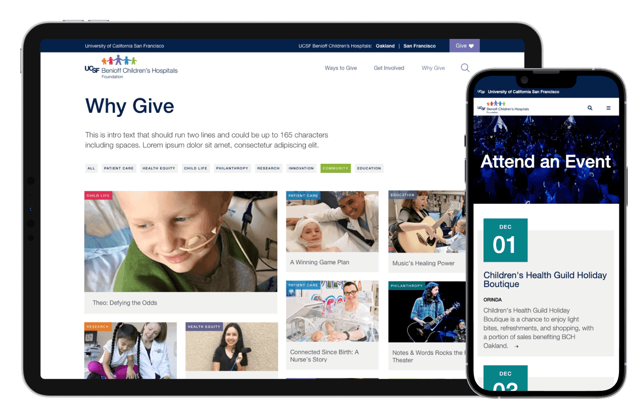Tablet and mobile device with website pages of patient stories and events.