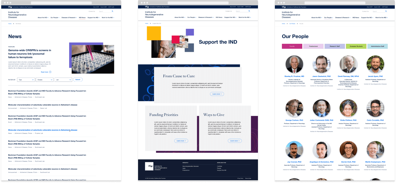 3 desktop designs of News, About, and People
