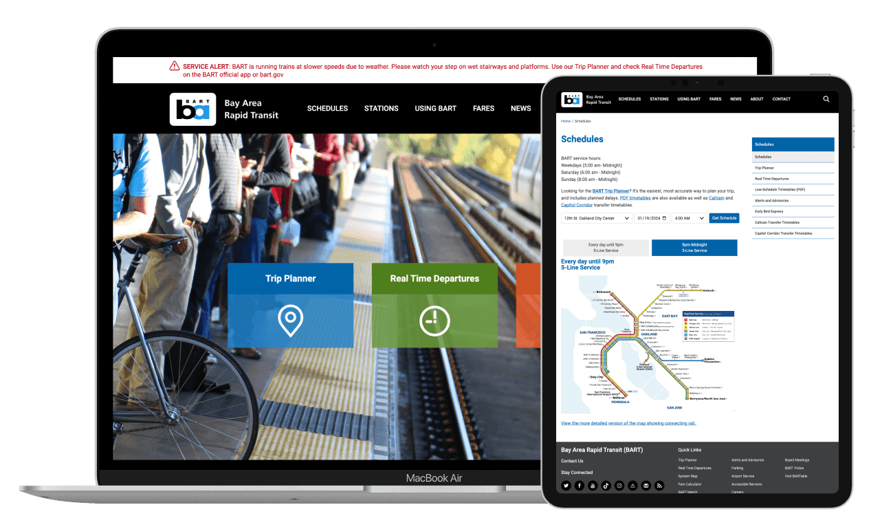 Desktop and table devices with BART.gov displayed