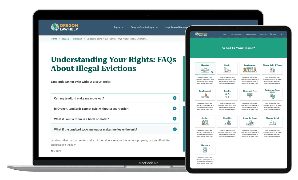 Landing page of Oregon Law Help main topics in device comps of laptop and tablets.