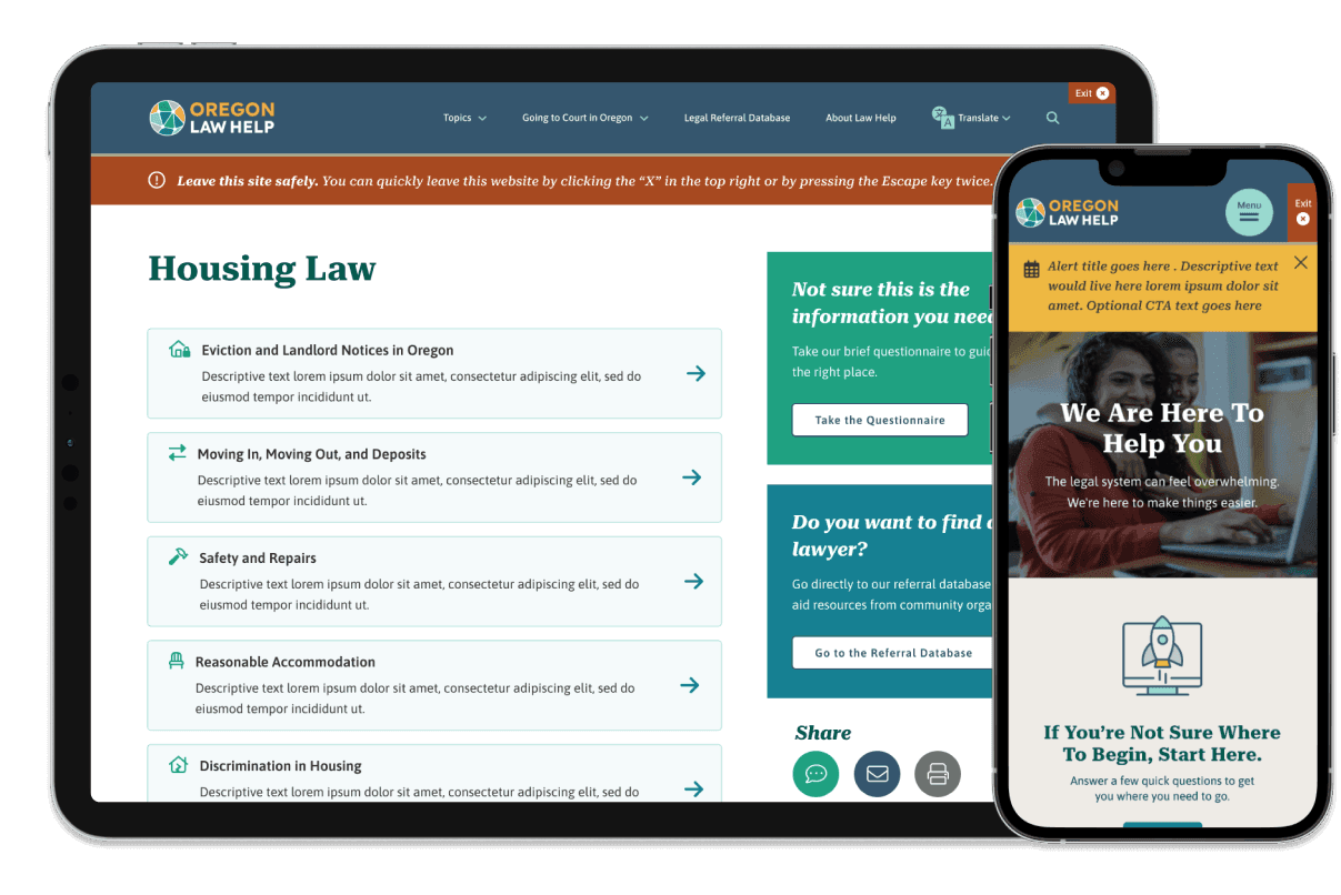 Device comp of tablet and mobile with screenshots of Oregon Law Help website.
