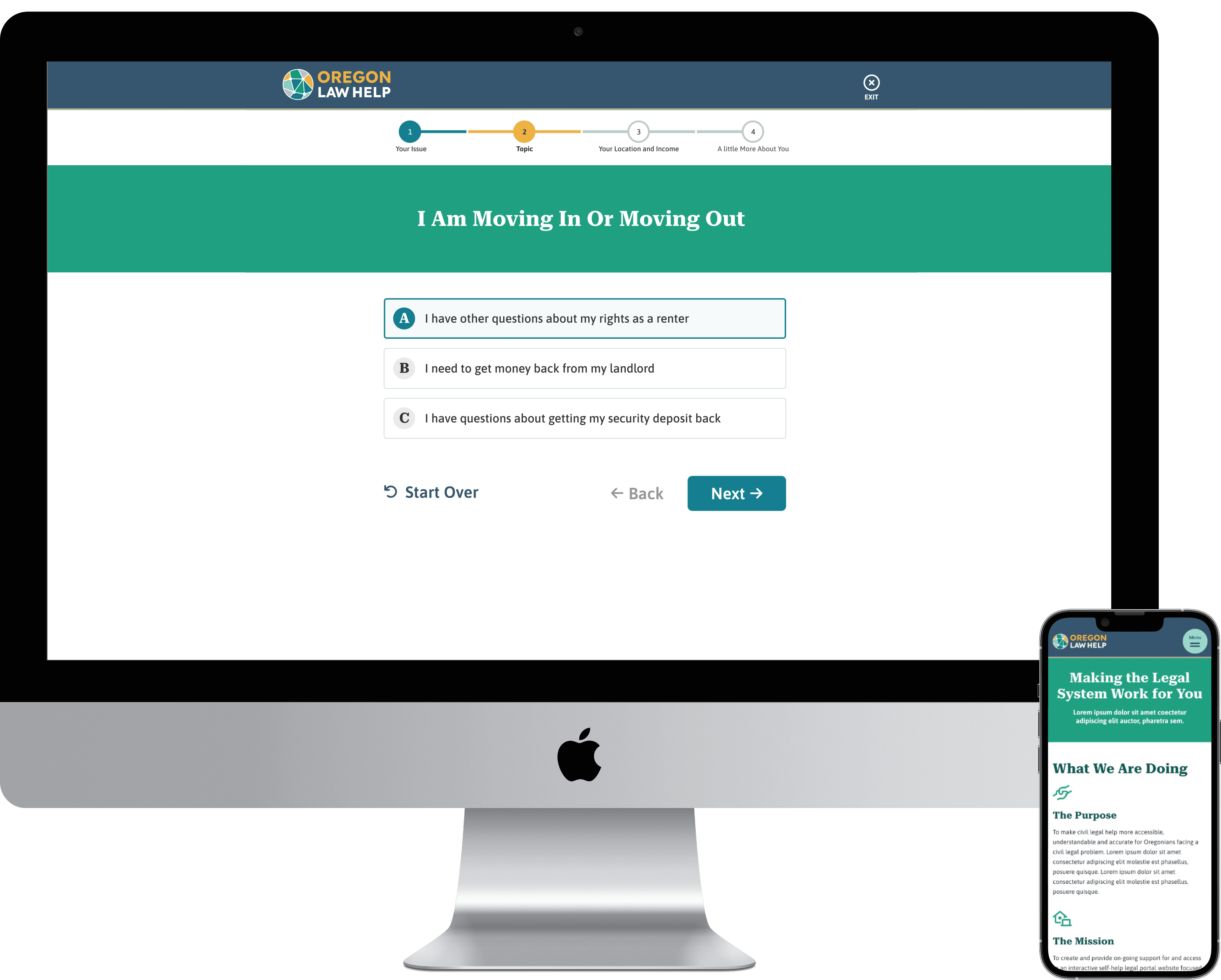 Imac and mobile device display of Oregon Law help self help portal.