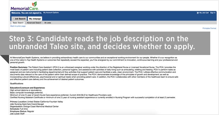 Step 3: Candidate sees the job description on the unbranded Taleo site, and decides whether or not to apply.