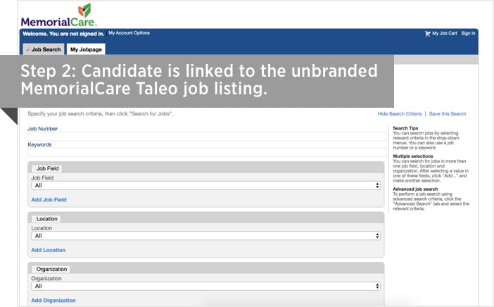 Step 2: Candidate is linked to the unbranded MemorialCare Taleo job listing.