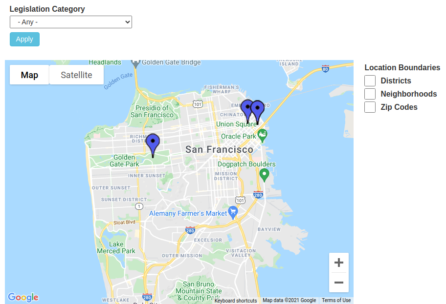 Map of San Francisco with three markers