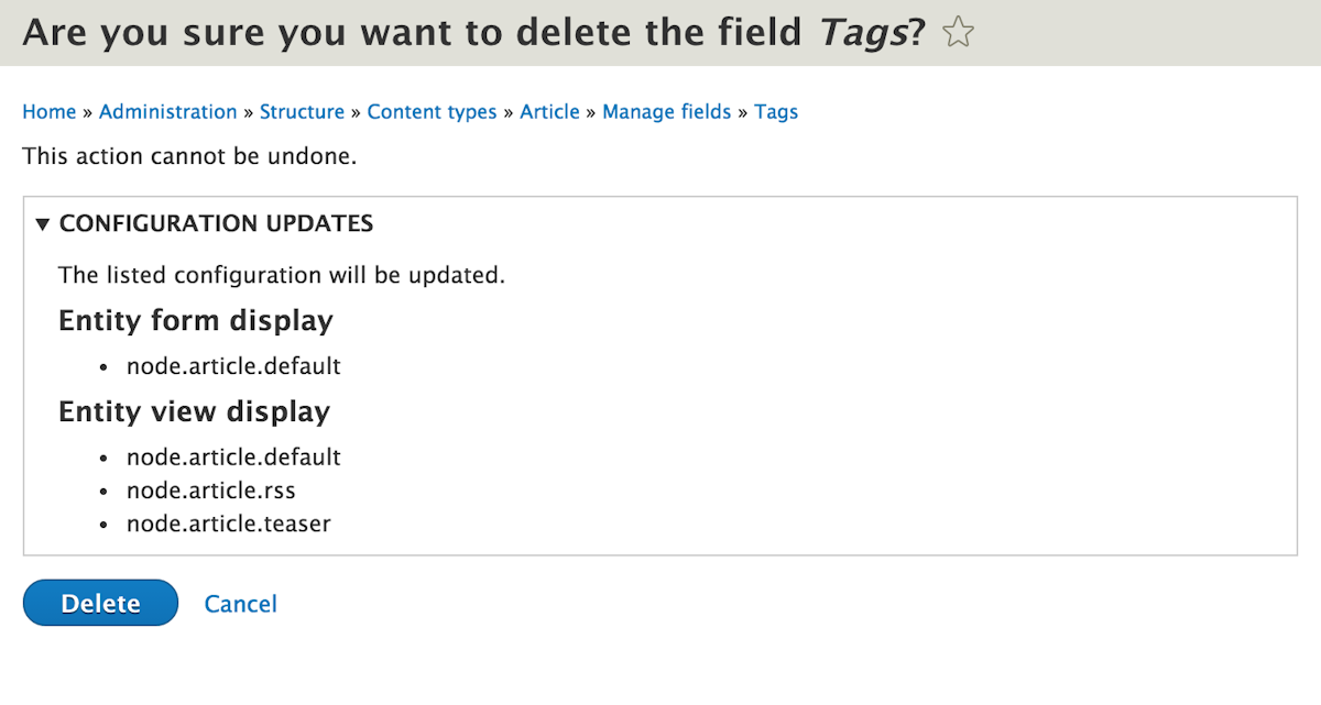Deleting a field in Drupal 8 displays configuration that will be updated