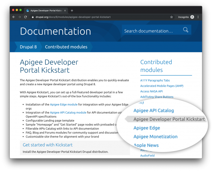 Screenshot of Apigee Documentation on Drupal.org