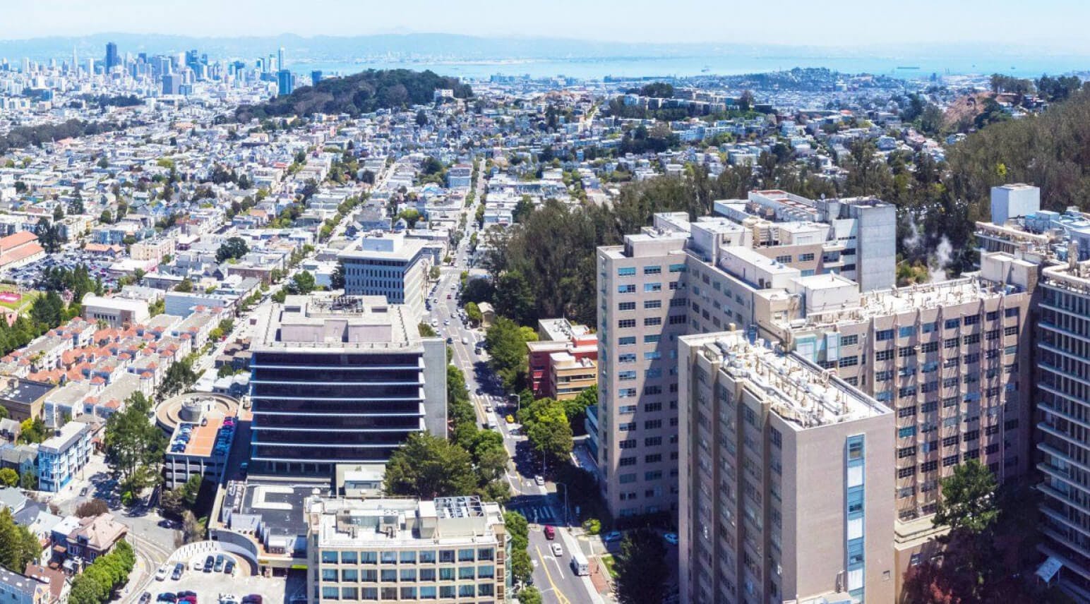 Aerial shot over UCSF campus in San Francisco