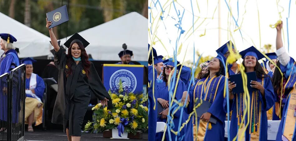 Two images side by side of women at their college graduation.