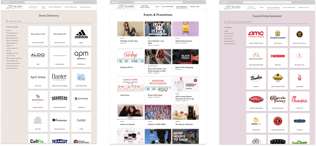 desktop layout for store directory, the food court, and events and promotions