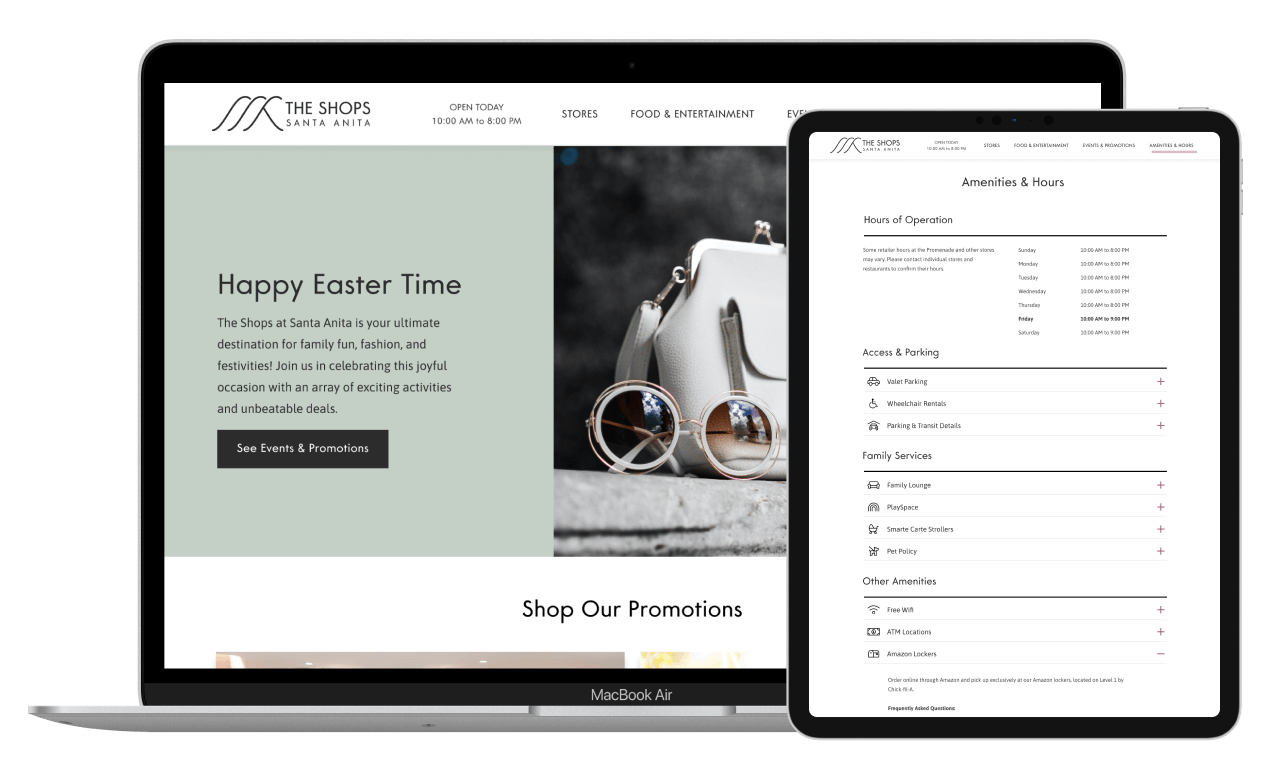 laptop and mobile devices with comps of new website for The Shops at Santa Anita